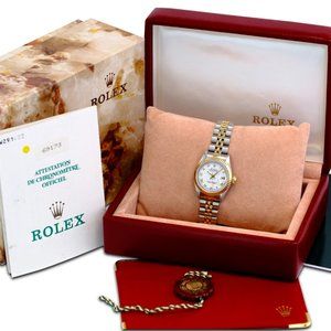 ROLEX LADY DATEJUST 69173 WHITE ROMAN DIAL 18KY BEZEL 26MM WATCH W/ BOX & PAPERS